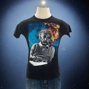 Einstein Graphic T Shirt Black Cosmic Smoke Pipe Space Print Science Mens Small